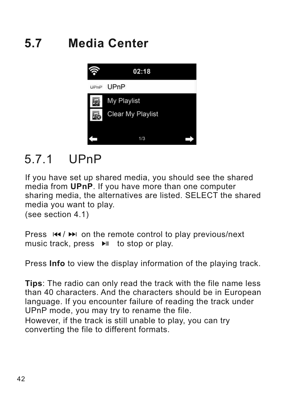 7 media center 5.7.1 upnp | Lenco CR-2003 User Manual | Page 42 / 52