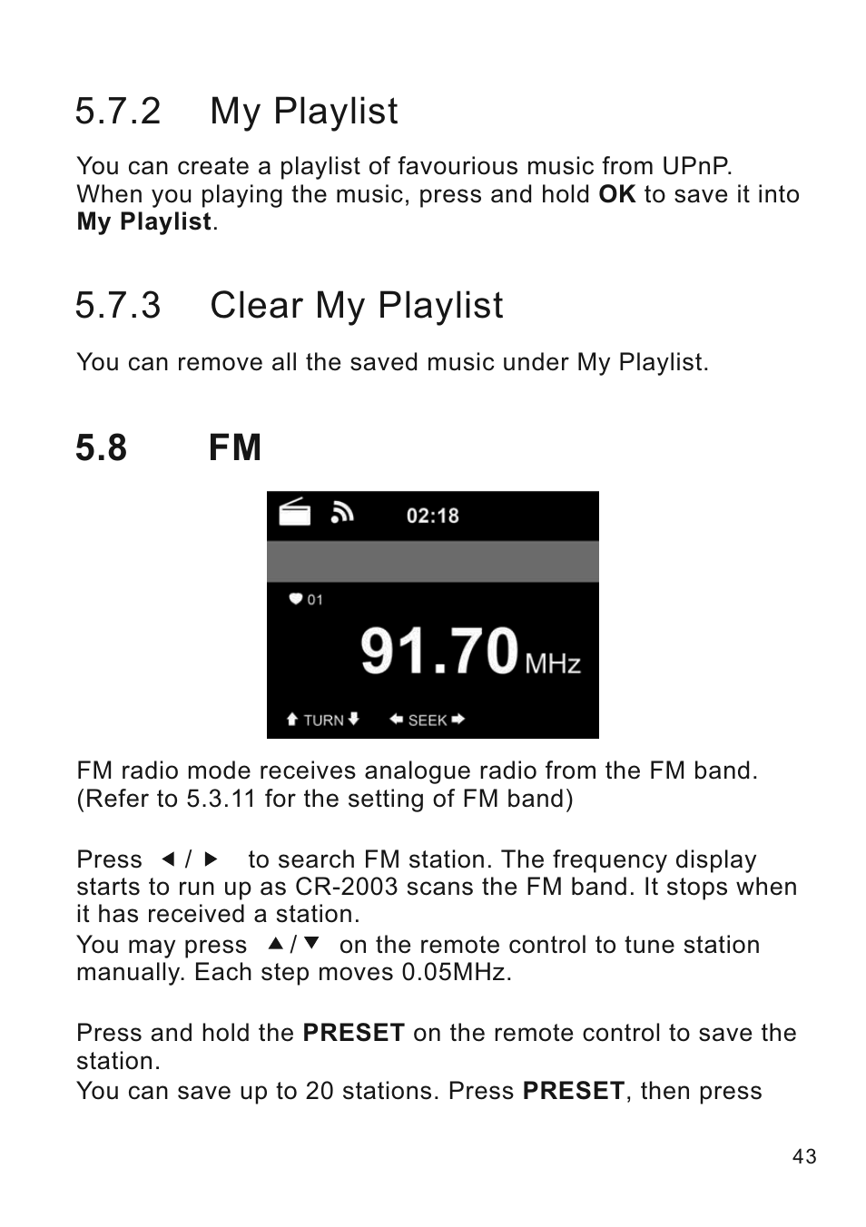 2 my playlist, 3 clear my playlist, 8 fm | Lenco CR-2003 User Manual | Page 43 / 52