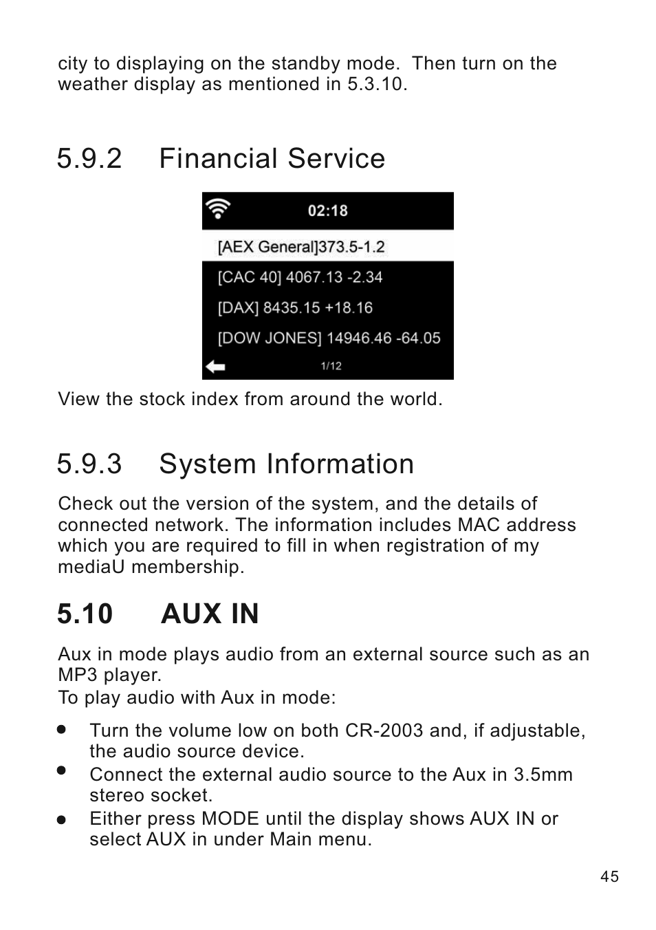 2 financial service, 3 system information, 10 aux in | Lenco CR-2003 User Manual | Page 45 / 52