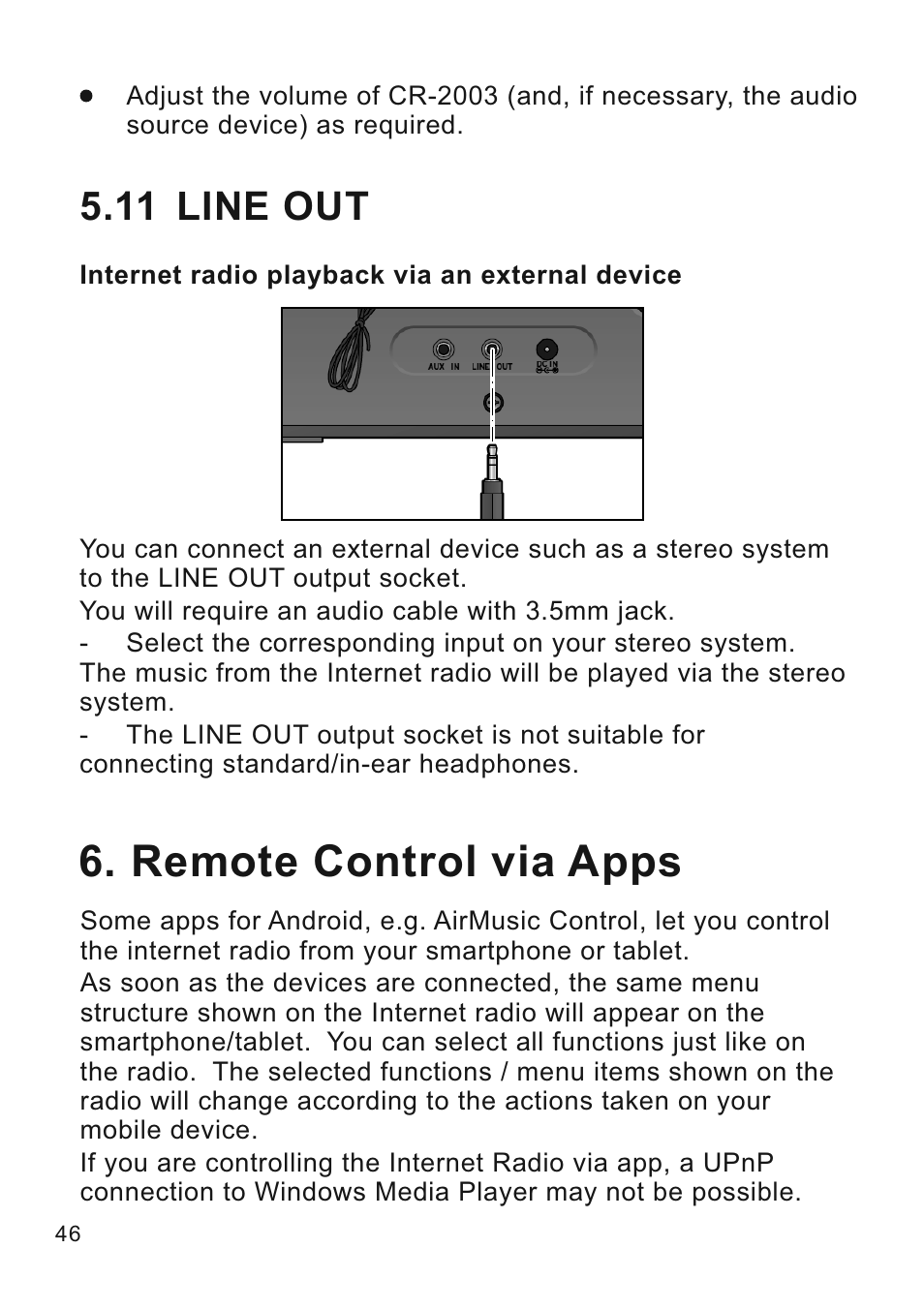 Remote control via apps, 11 line out | Lenco CR-2003 User Manual | Page 46 / 52