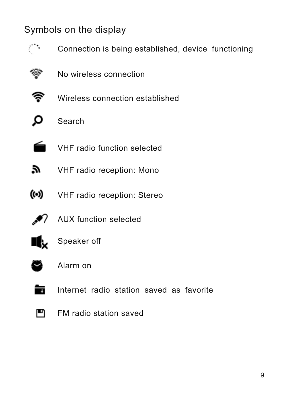 Symbols on the display | Lenco CR-2003 User Manual | Page 9 / 52