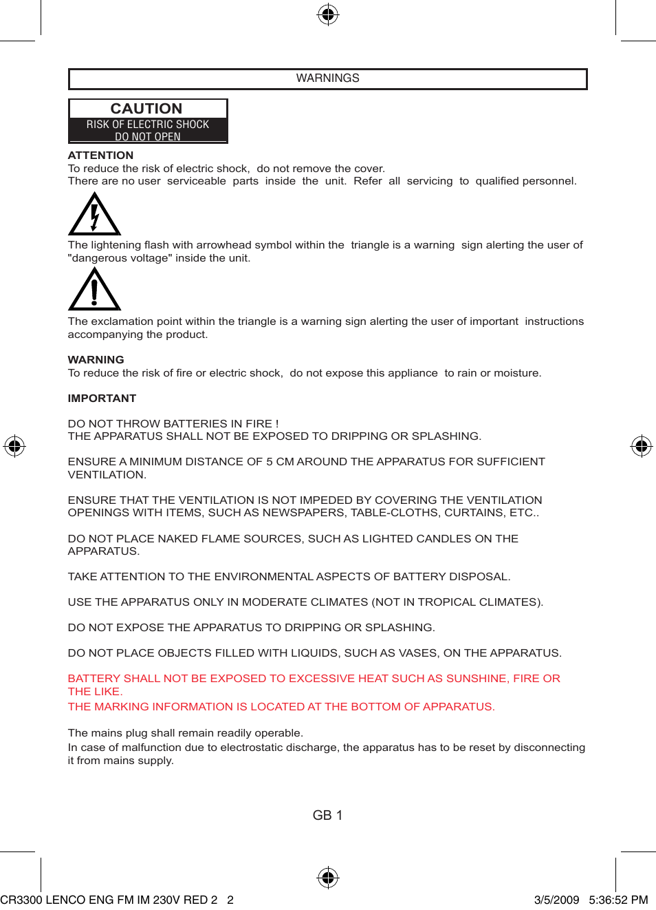Caution, Gb 1 | Lenco CR-3300 User Manual | Page 2 / 4