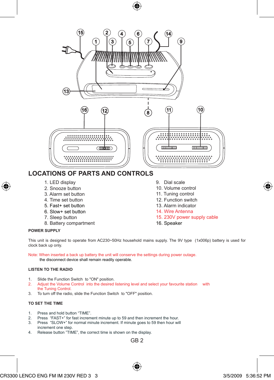Locations of parts and controls, Gb 2 | Lenco CR-3300 User Manual | Page 3 / 4
