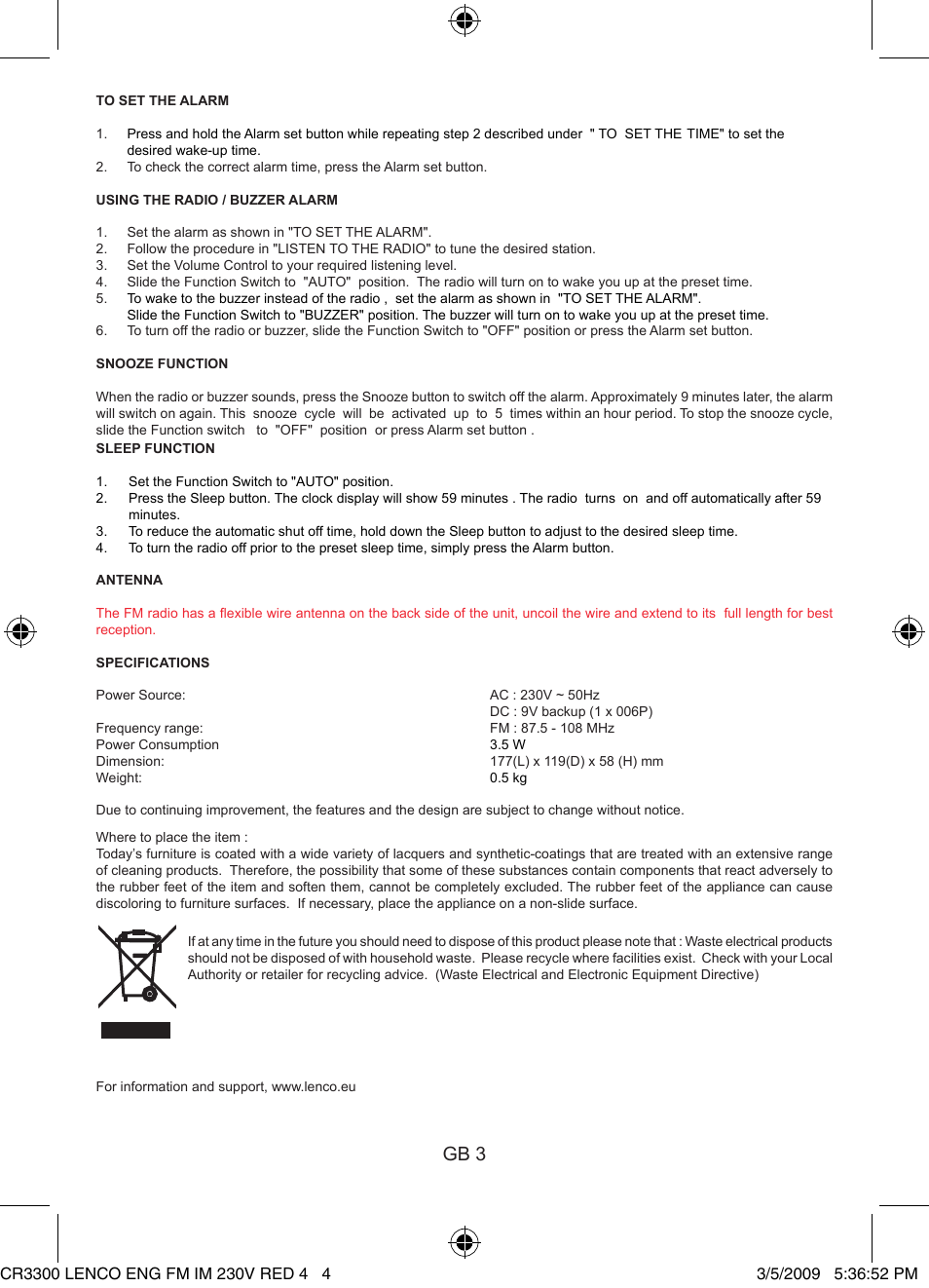 Gb 3 | Lenco CR-3300 User Manual | Page 4 / 4