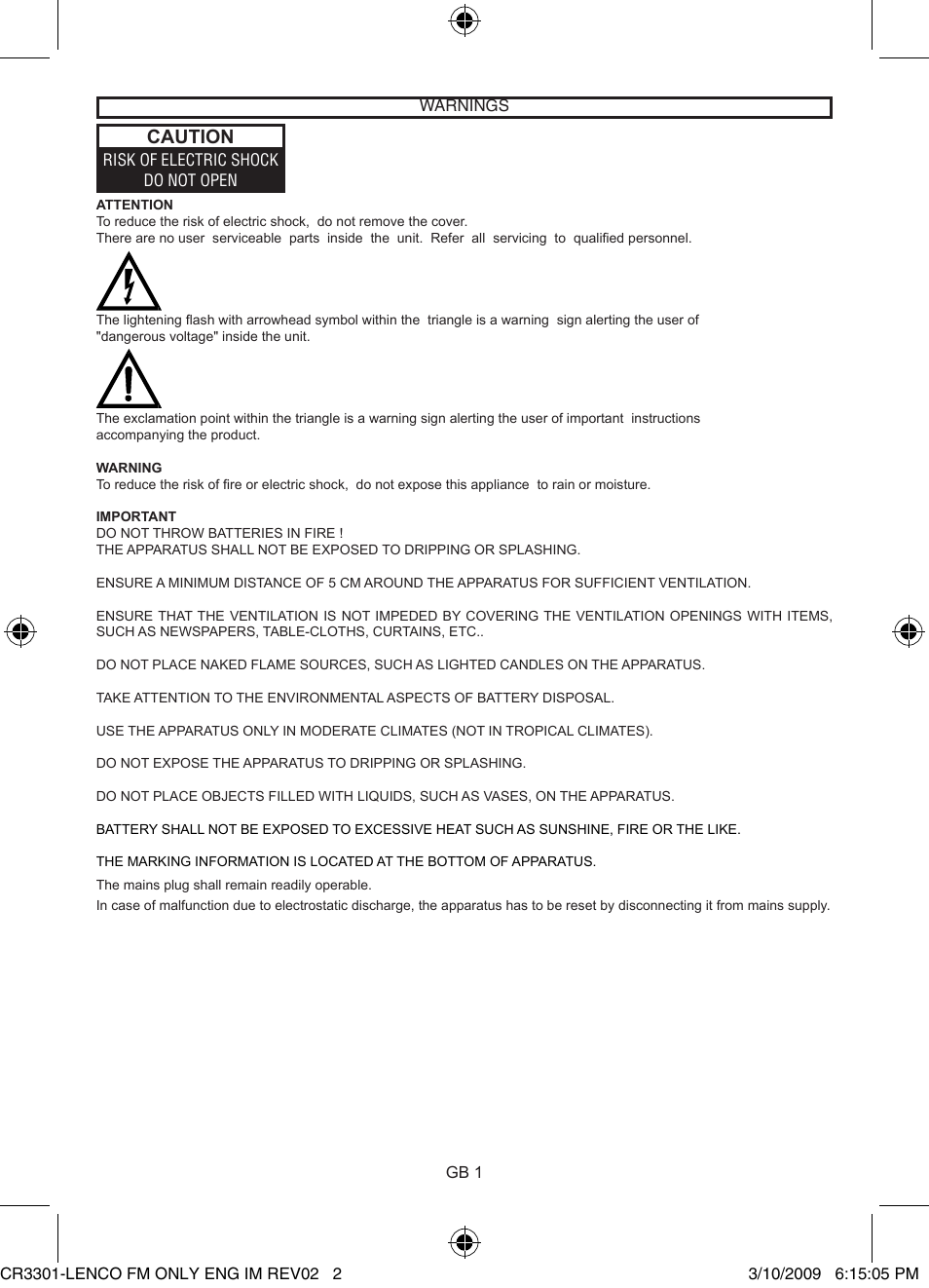 Caution | Lenco CR-3301 User Manual | Page 2 / 4