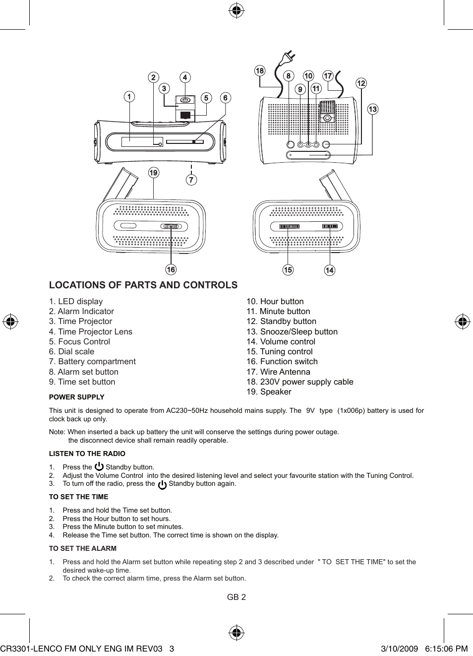 Locations of parts and controls | Lenco CR-3301 User Manual | Page 3 / 4