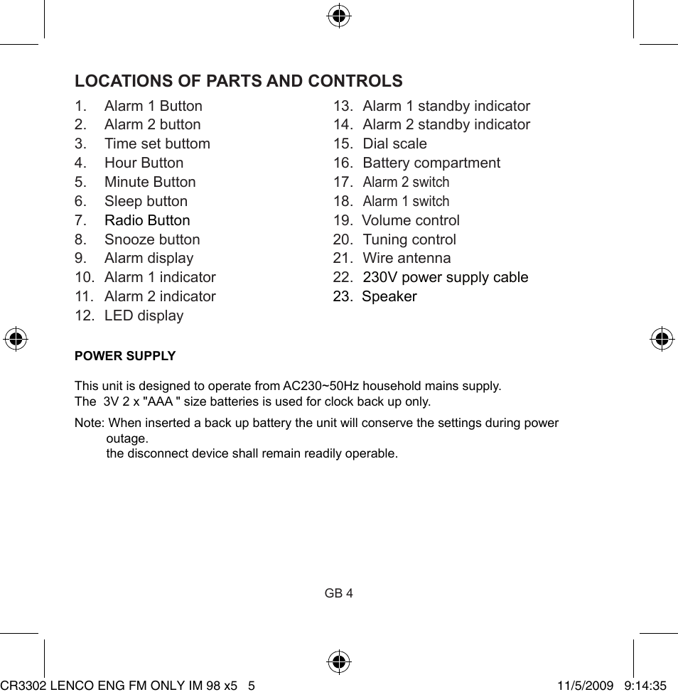 Locations of parts and controls | Lenco CR-3302 User Manual | Page 5 / 8