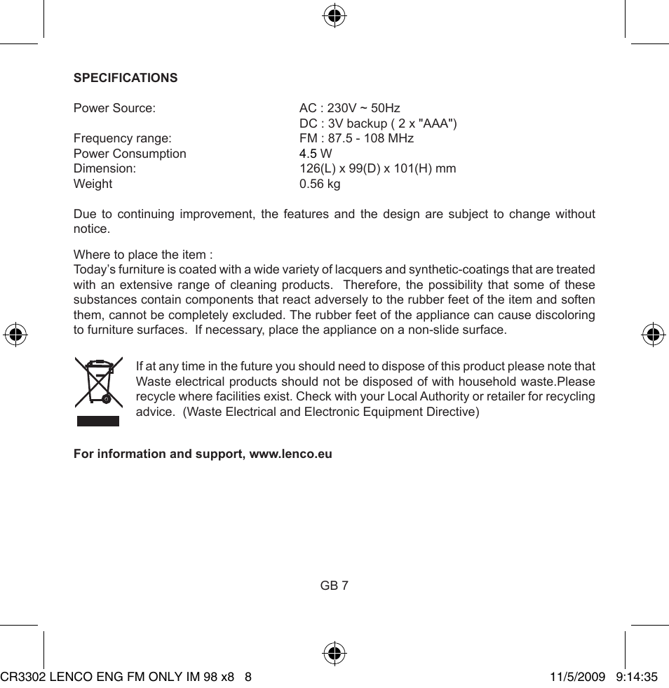 Lenco CR-3302 User Manual | Page 8 / 8