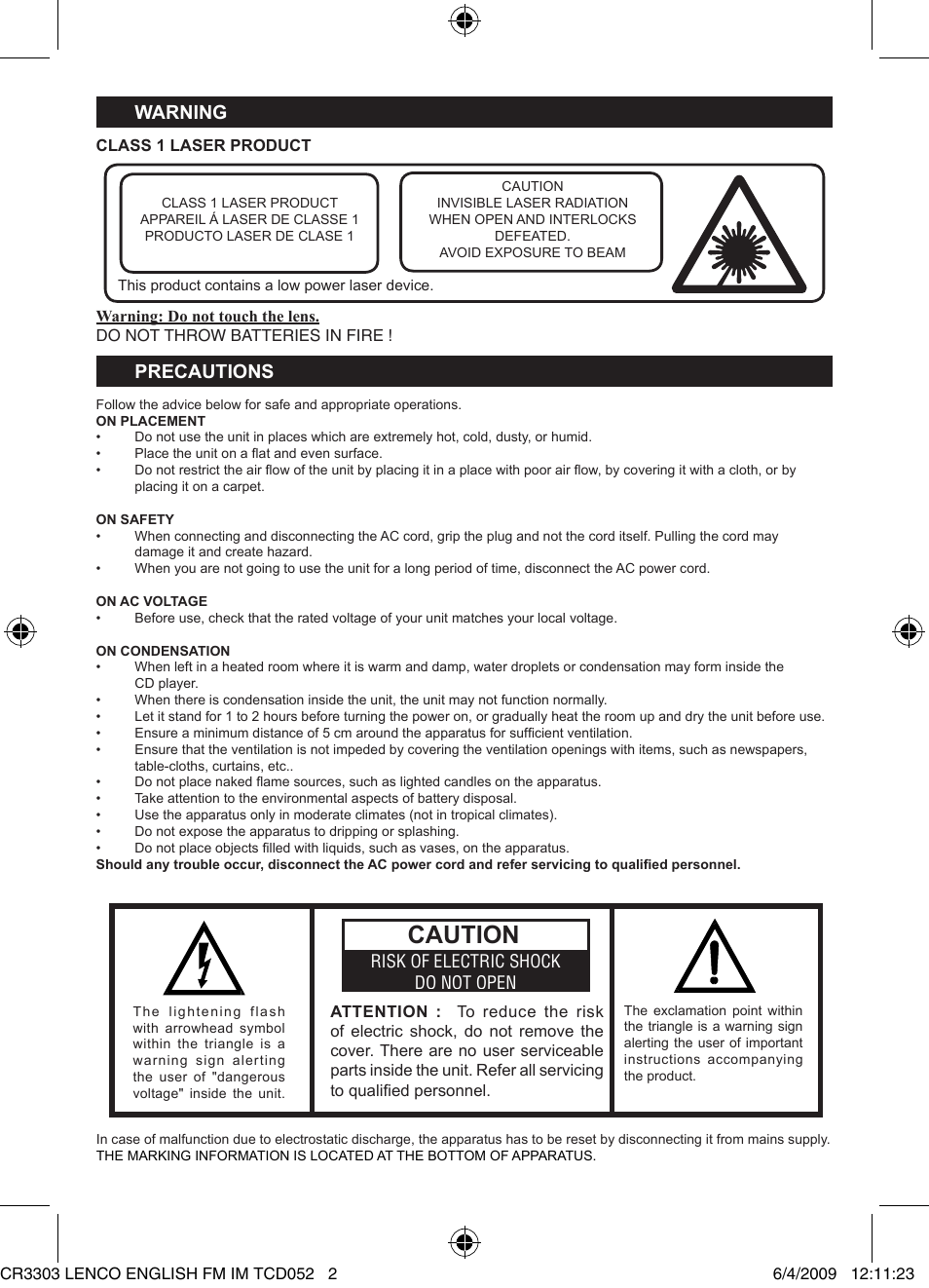 Caution, Warning, Precautions | Lenco CR-3303 User Manual | Page 2 / 8