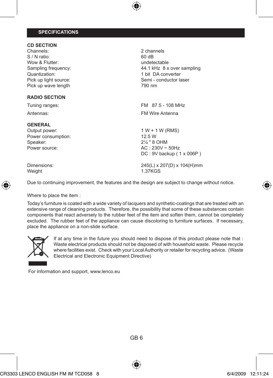 Lenco CR-3303 User Manual | Page 8 / 8
