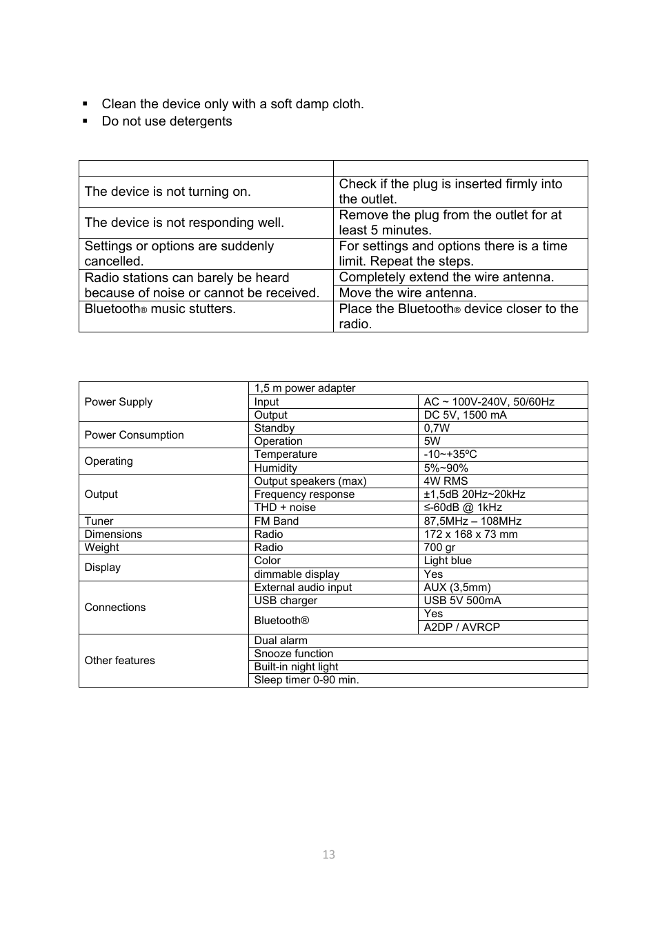 Maintenance of the device, Troubleshooting, Specification | Lenco CR-3306 BT User Manual | Page 13 / 19