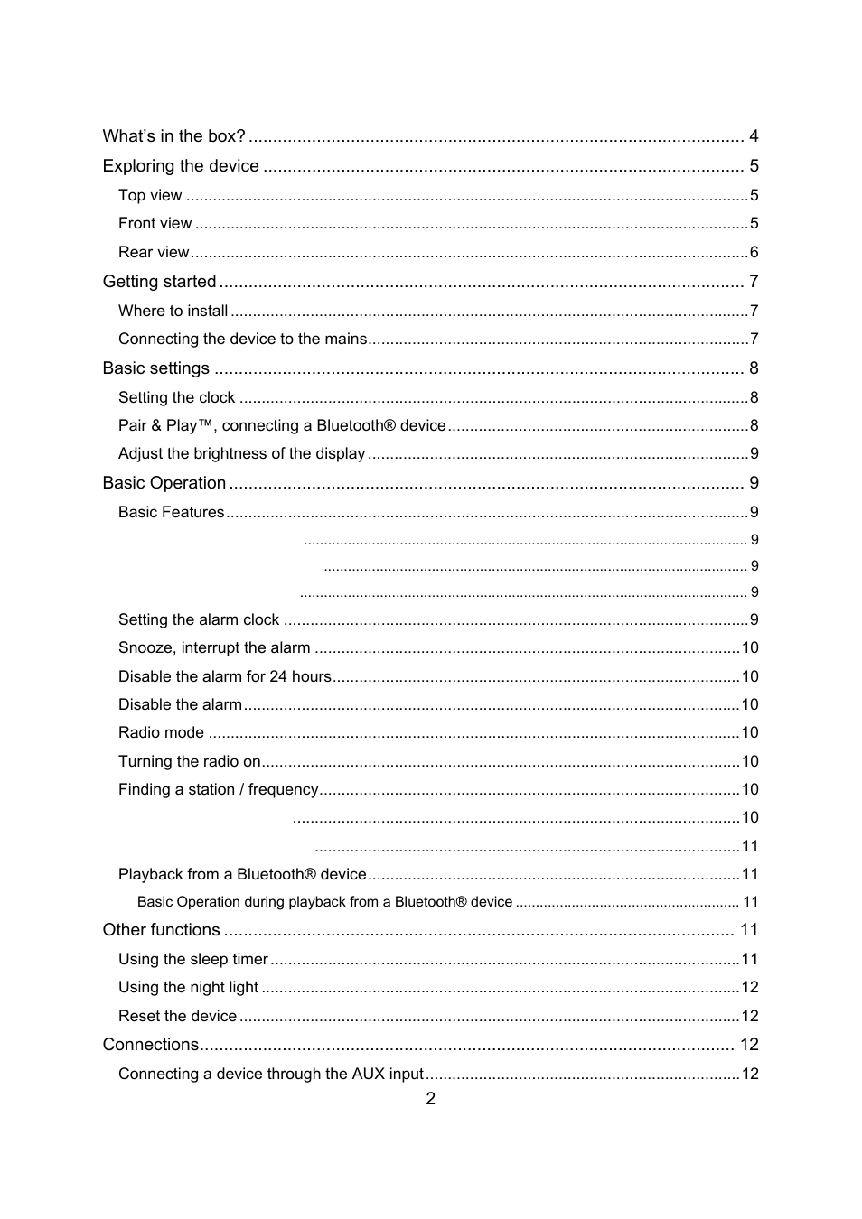 Table of content | Lenco CR-3306 BT User Manual | Page 2 / 19