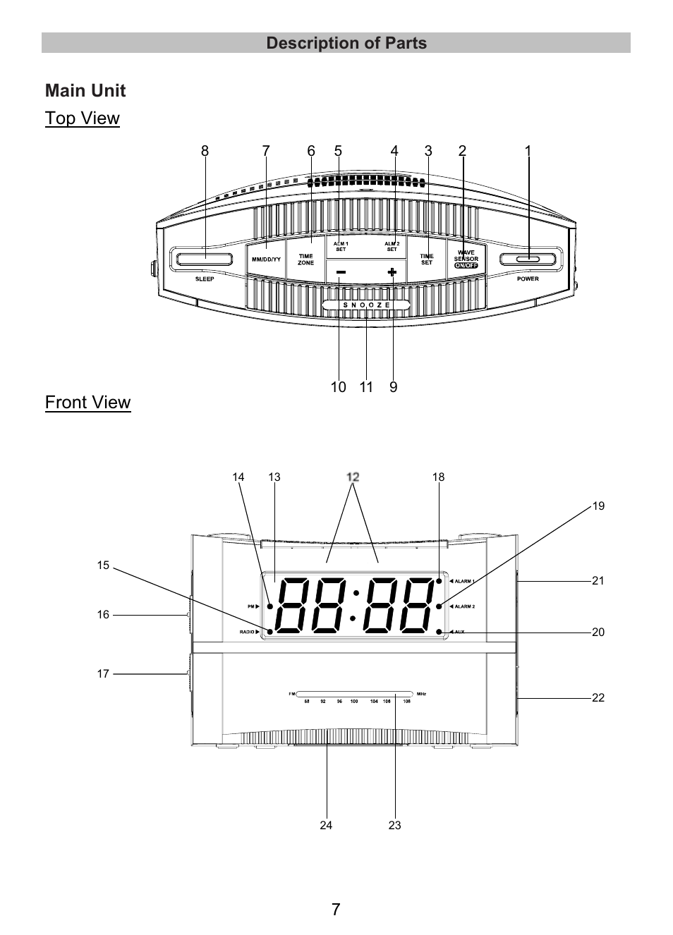 Main unit top view front view, 7description of parts | Lenco CR-335 User Manual | Page 7 / 86