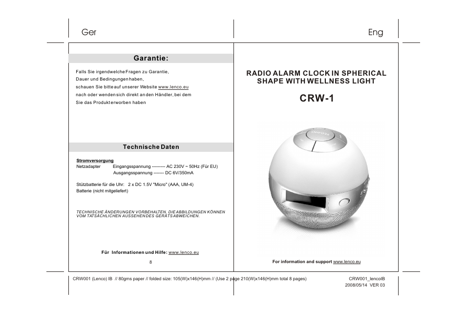 Lenco CRW-1 User Manual | 7 pages