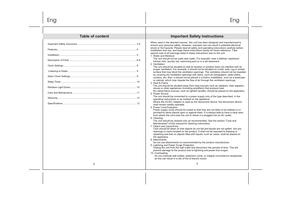 Table of content, Important safety instructions | Lenco CRW-1 User Manual | Page 2 / 7