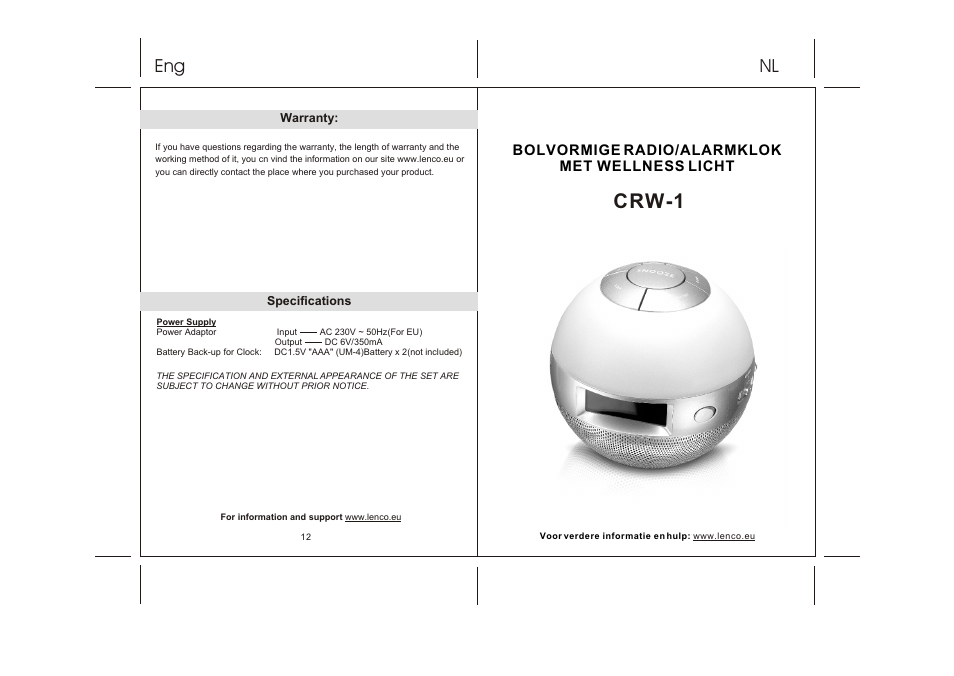 Crw-1, Nl eng | Lenco CRW-1 User Manual | Page 7 / 7