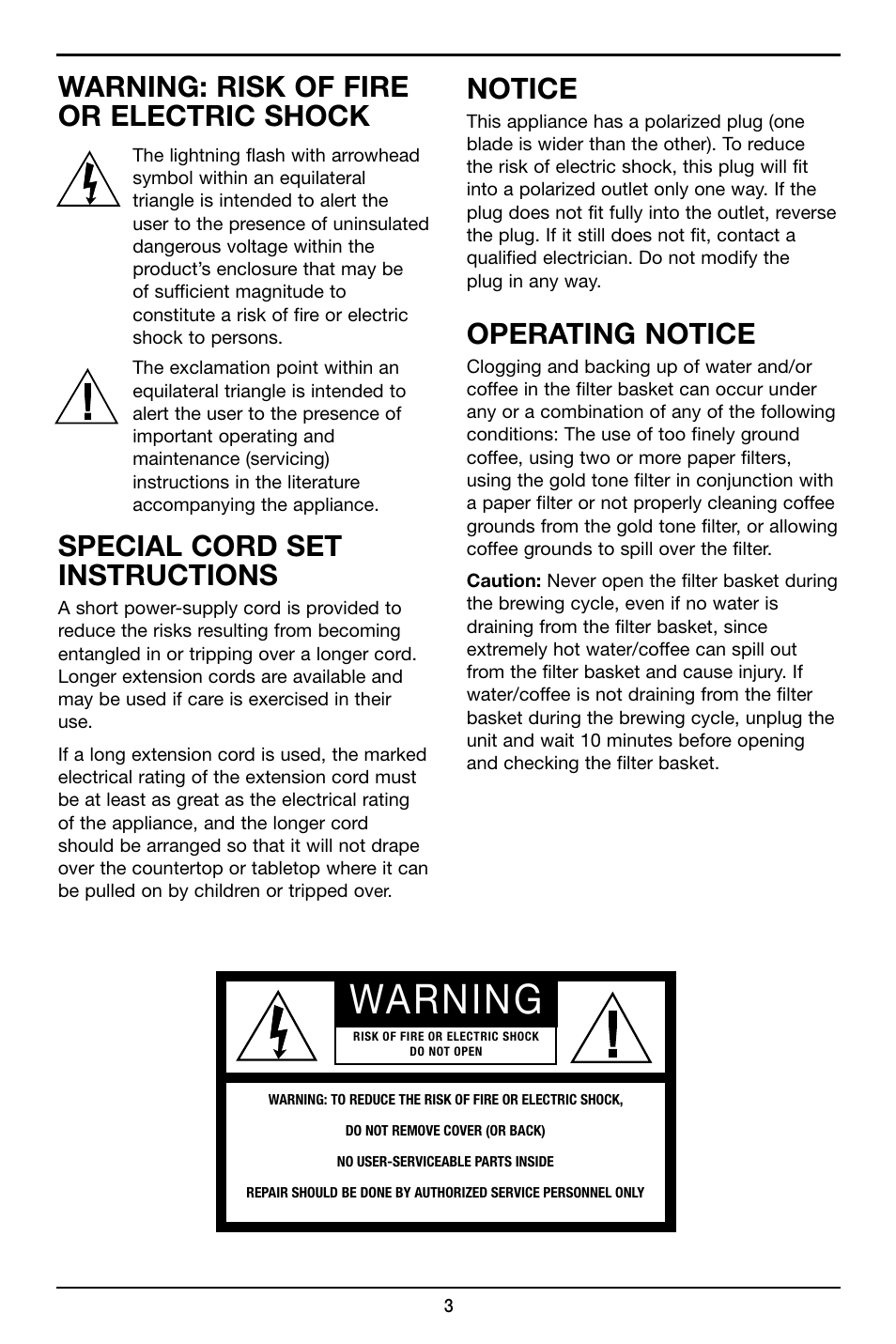 Warning, Warning: risk of fire or electric shock, Special cord set instructions | Notice, Operating notice | Cuisinart Grind & Brew 12-Cup Automatic Coffeemaker DGB-625 User Manual | Page 3 / 12
