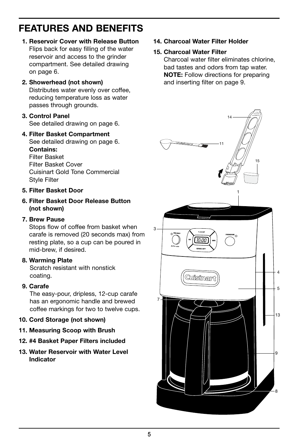 Features and benefits | Cuisinart Grind & Brew 12-Cup Automatic Coffeemaker DGB-625 User Manual | Page 5 / 12