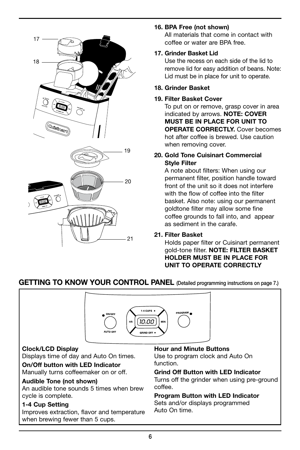 Getting to know your control panel | Cuisinart Grind & Brew 12-Cup Automatic Coffeemaker DGB-625 User Manual | Page 6 / 12