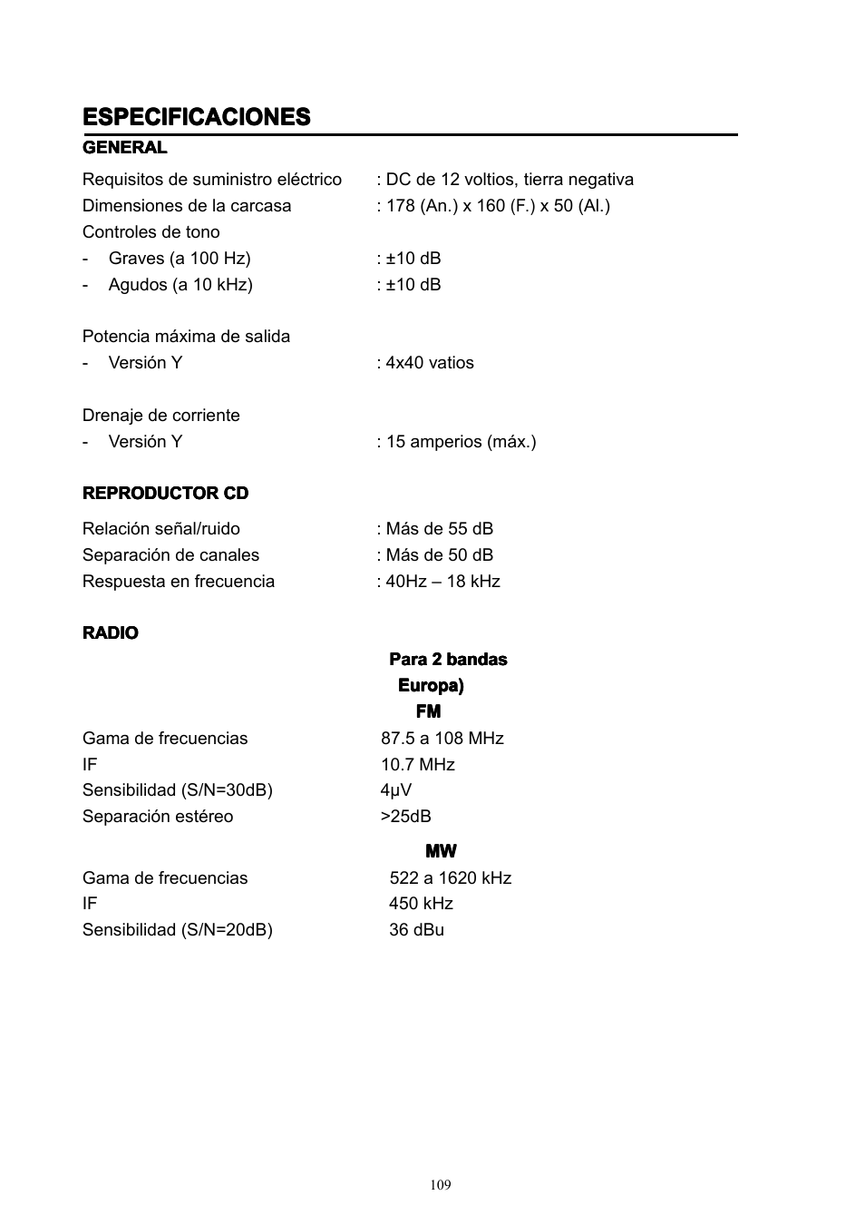 Especificaciones | Lenco CS-351 BT User Manual | Page 110 / 111