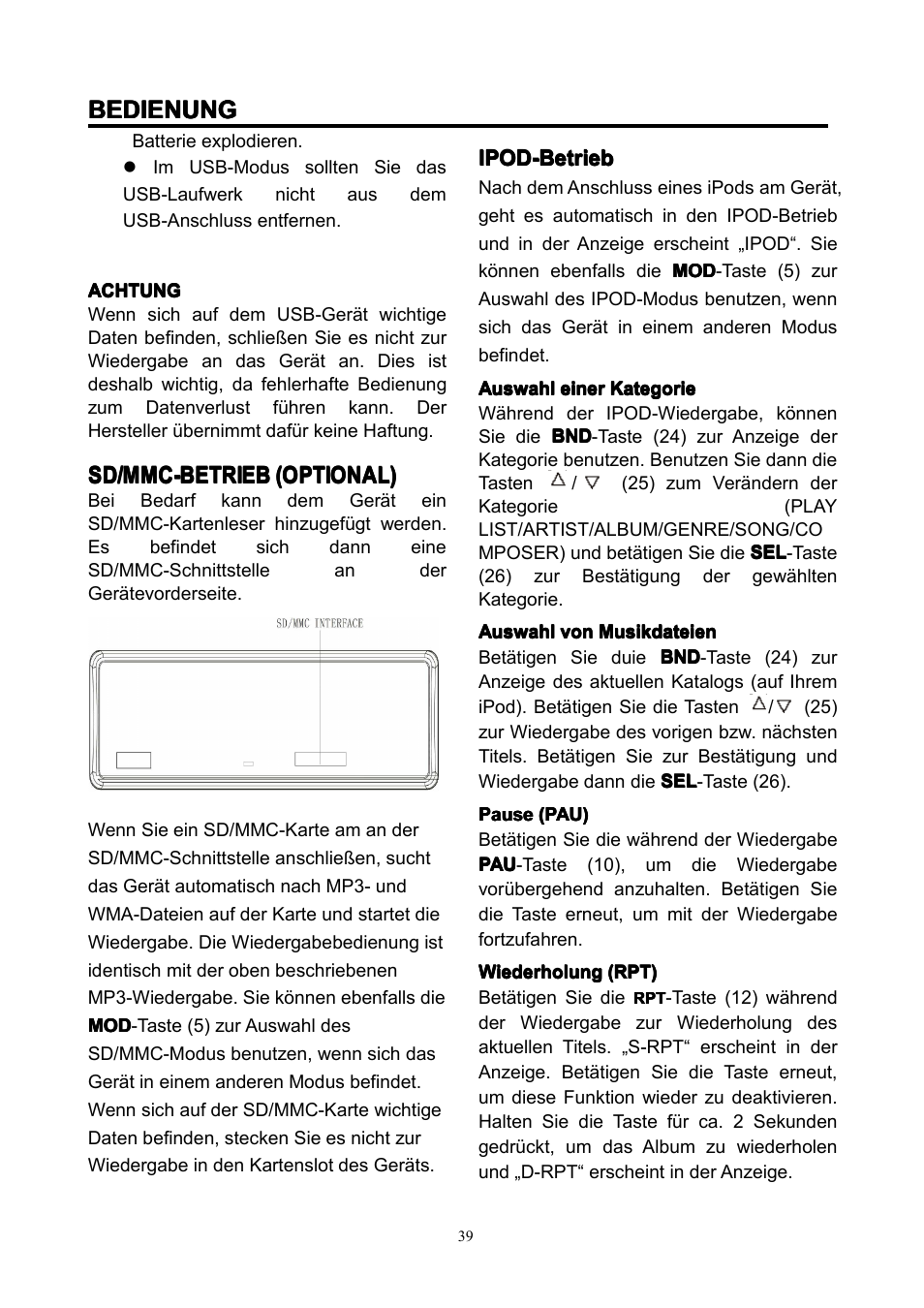 Bedienung, Sd/mmc-betrieb | Lenco CS-351 BT User Manual | Page 40 / 111