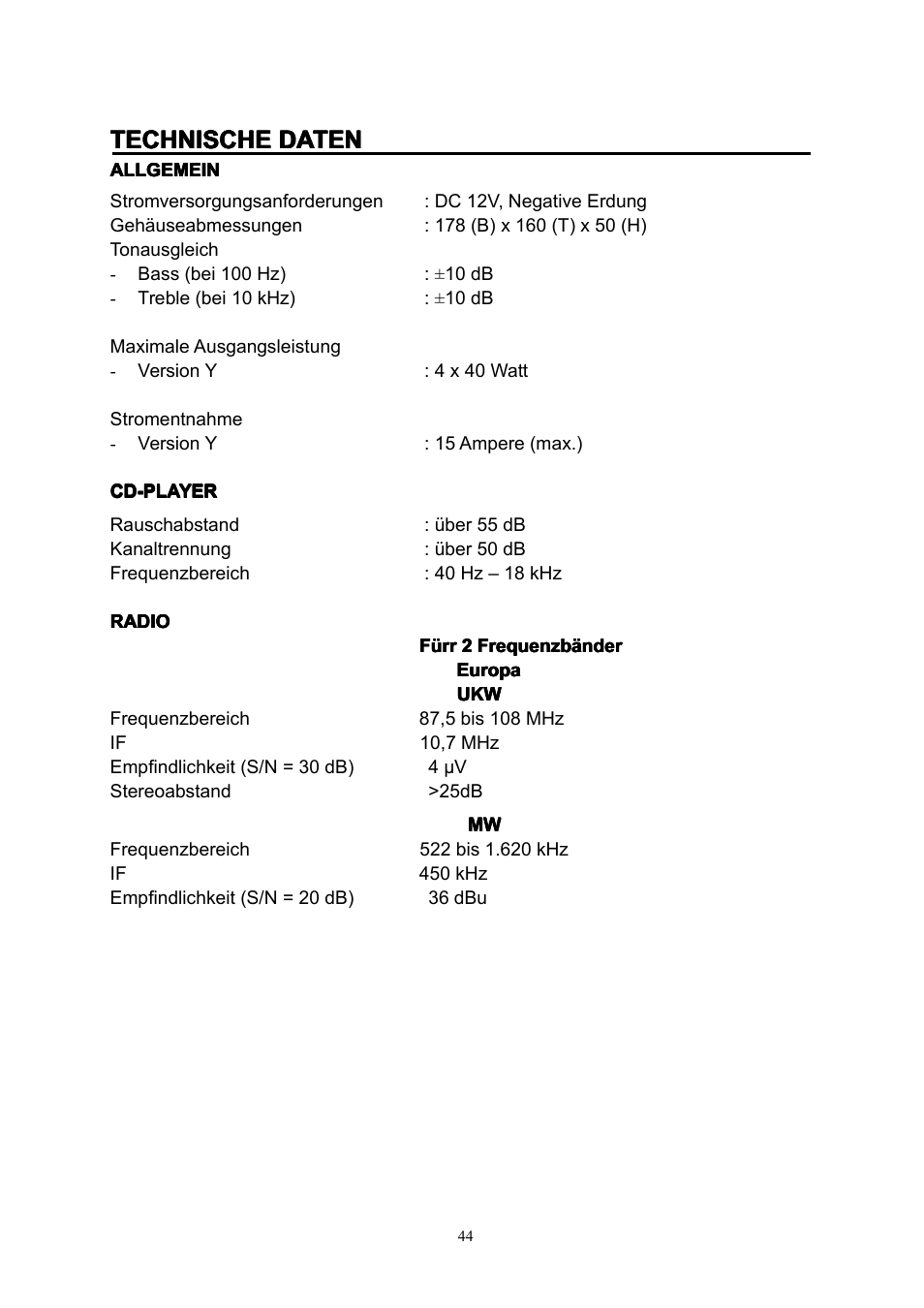 Technische, Technische technische daten daten daten daten | Lenco CS-351 BT User Manual | Page 45 / 111