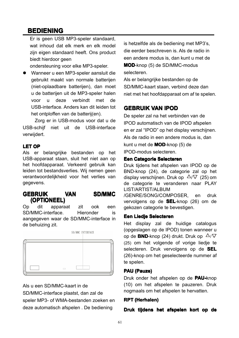 Bediening, Gebruik | Lenco CS-351 BT User Manual | Page 62 / 111