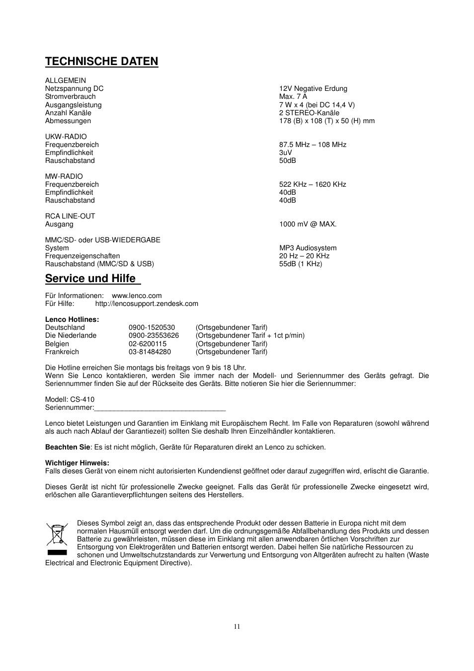 Technische daten, Service und hilfe | Lenco CS-410 User Manual | Page 12 / 34