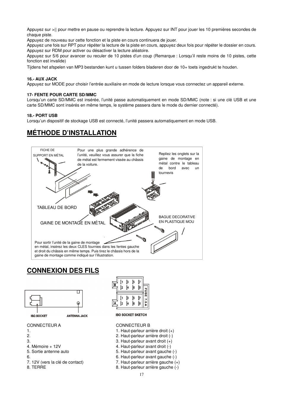 Méthode d’installation, Connexion des fils | Lenco CS-410 User Manual | Page 18 / 34