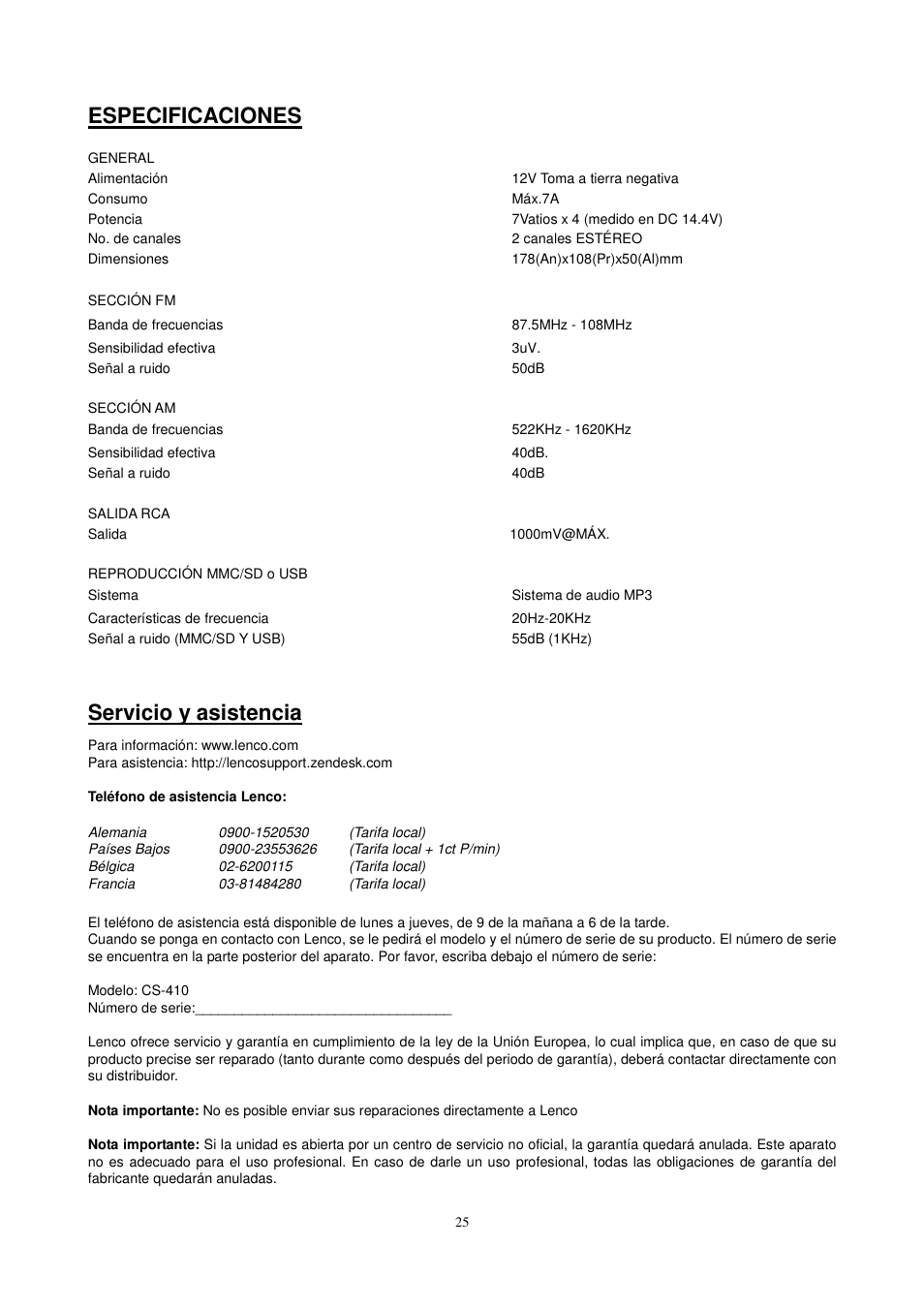 Especificaciones, Servicio y asistencia | Lenco CS-410 User Manual | Page 26 / 34