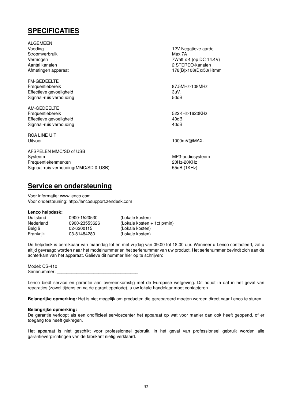 Specificaties, Service en ondersteuning | Lenco CS-410 User Manual | Page 33 / 34