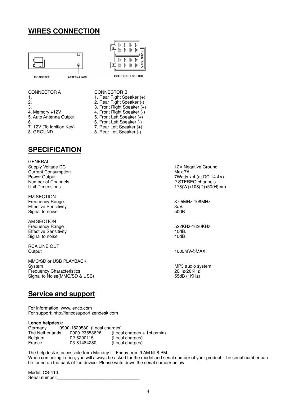 Wires connection, Specification, Service and support | Lenco CS-410 User Manual | Page 5 / 34