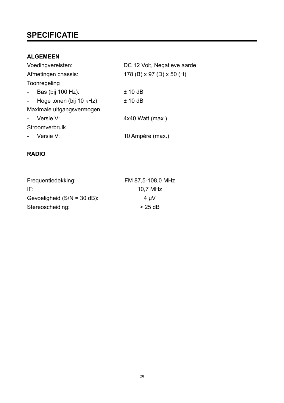 Specificatie | Lenco CS-420 User Manual | Page 29 / 80