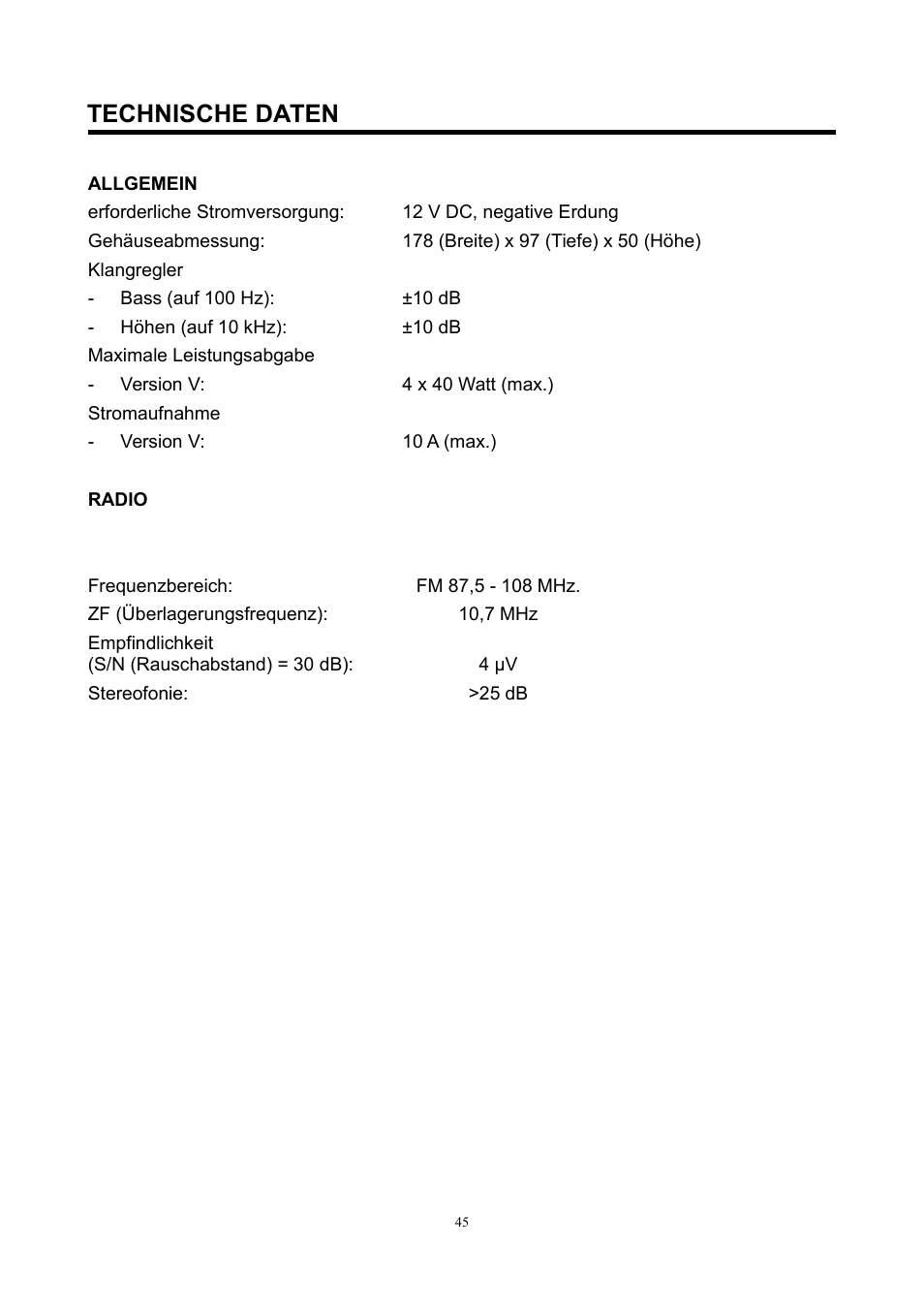 Technische daten | Lenco CS-420 User Manual | Page 45 / 80