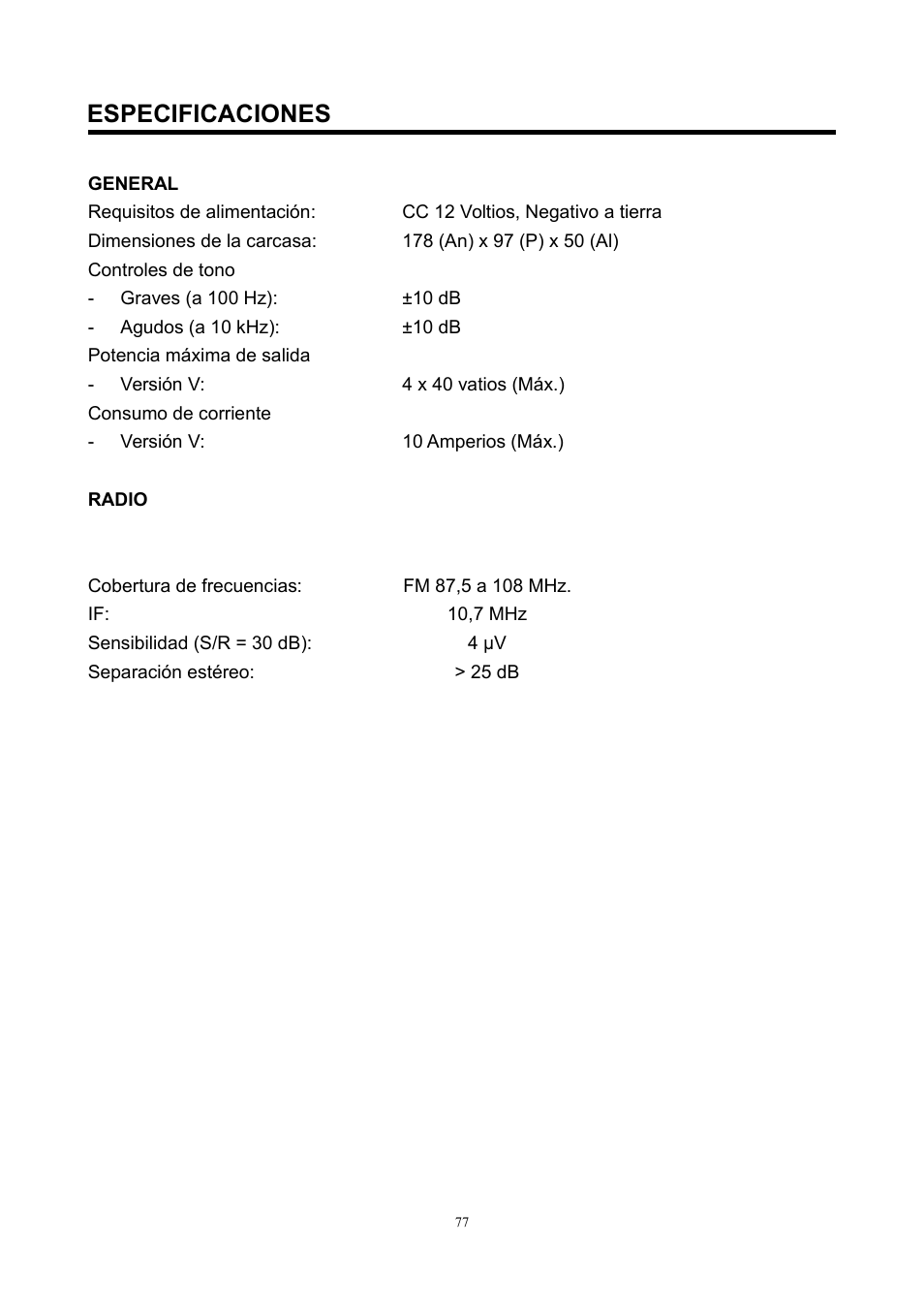 Especificaciones | Lenco CS-420 User Manual | Page 77 / 80