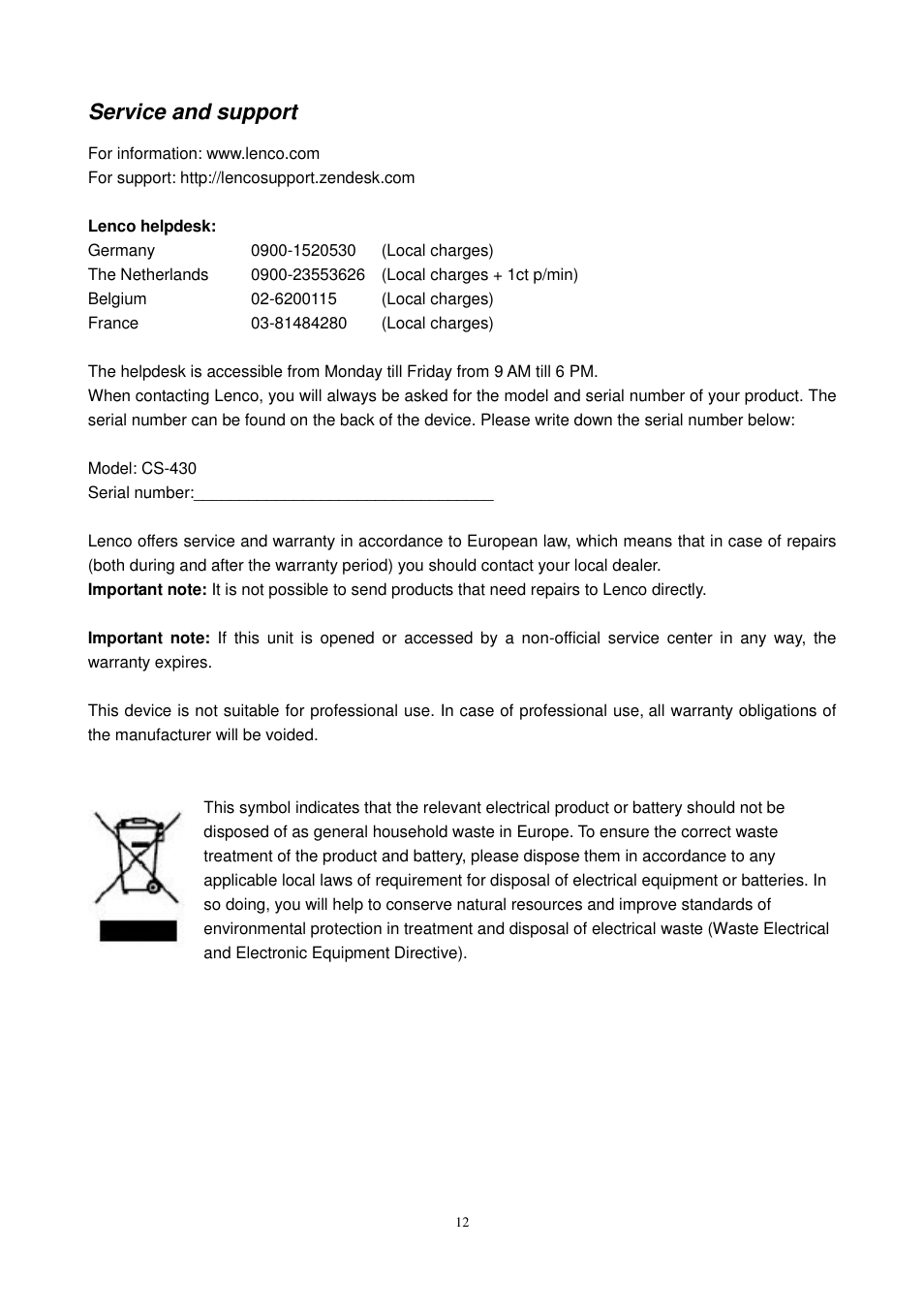 Service and support | Lenco CS-430 BT User Manual | Page 13 / 71