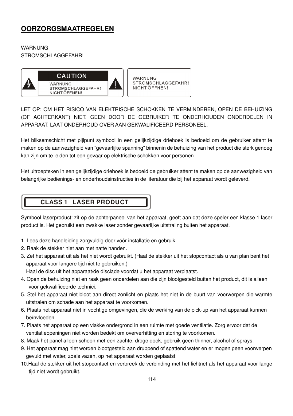 Oorzorgsmaatregelen | Lenco CS-470 DVD User Manual | Page 115 / 141