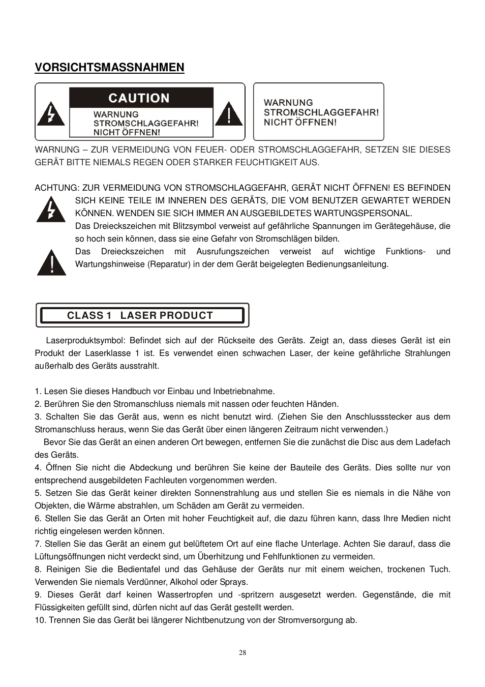 Vorsichtsmassnahmen | Lenco CS-470 DVD User Manual | Page 29 / 141