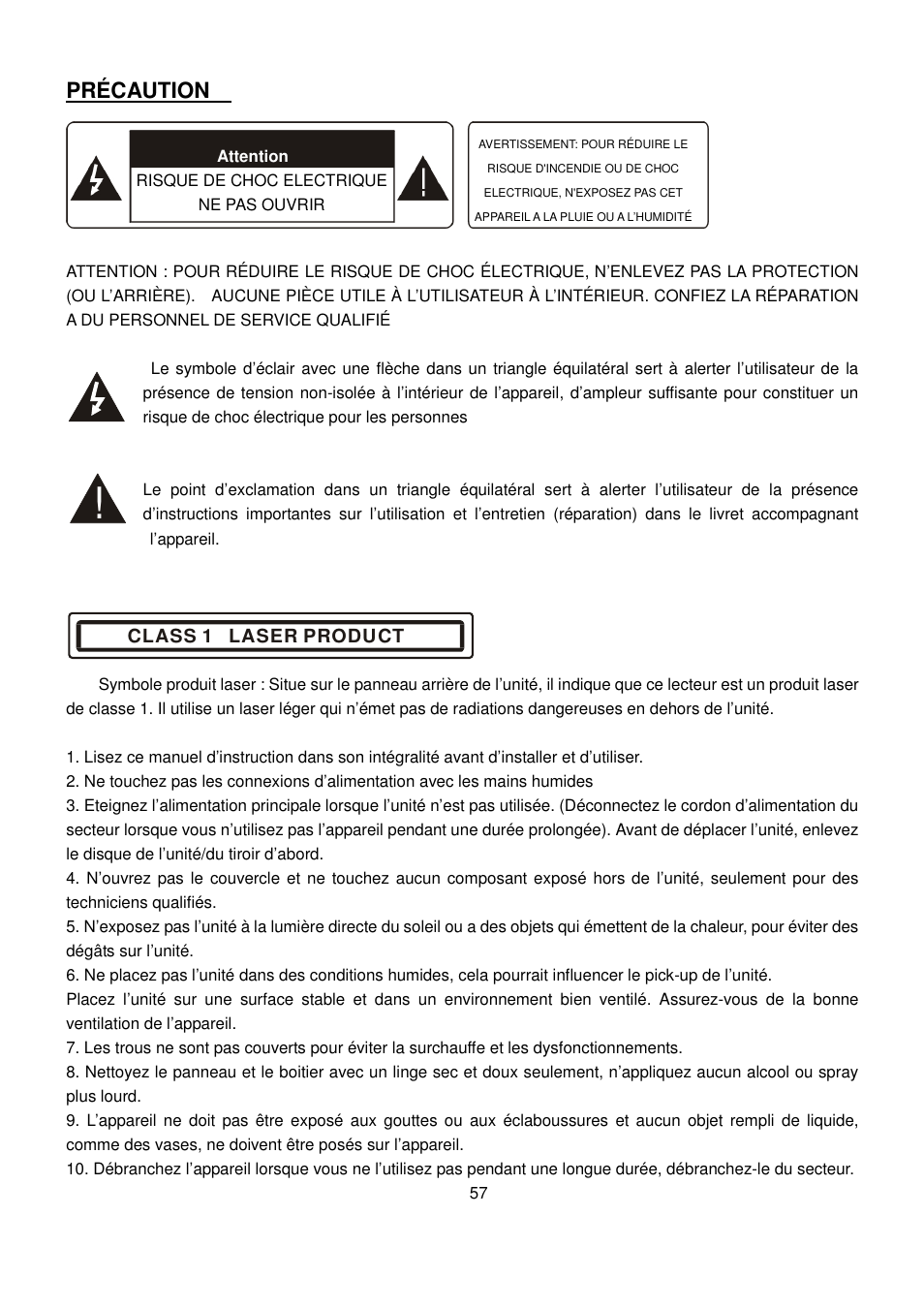 Précaution | Lenco CS-470 DVD User Manual | Page 58 / 141