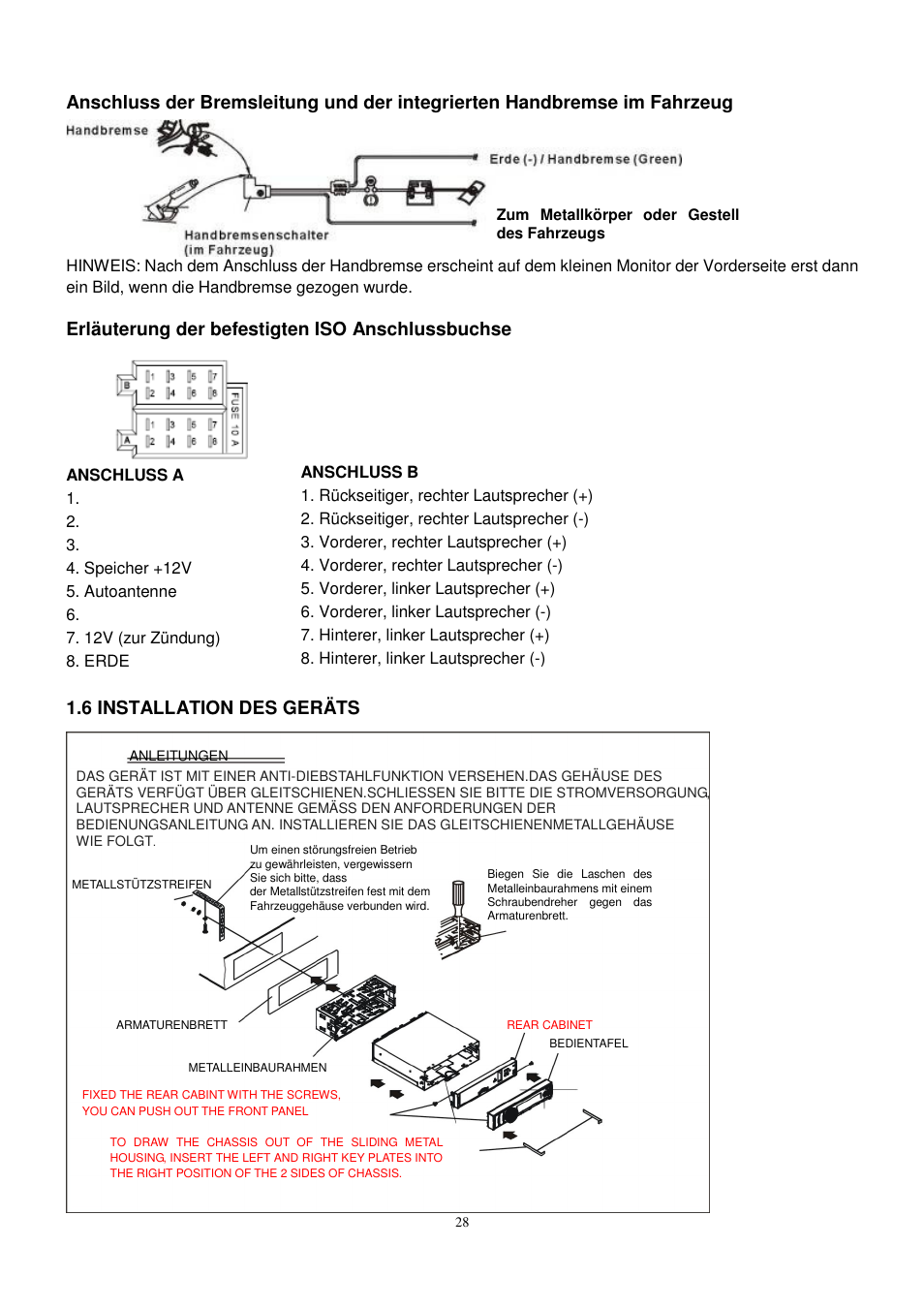 Erläuterung der befestigten iso anschlussbuchse, 6 installation des geräts | Lenco CS-472 User Manual | Page 29 / 108