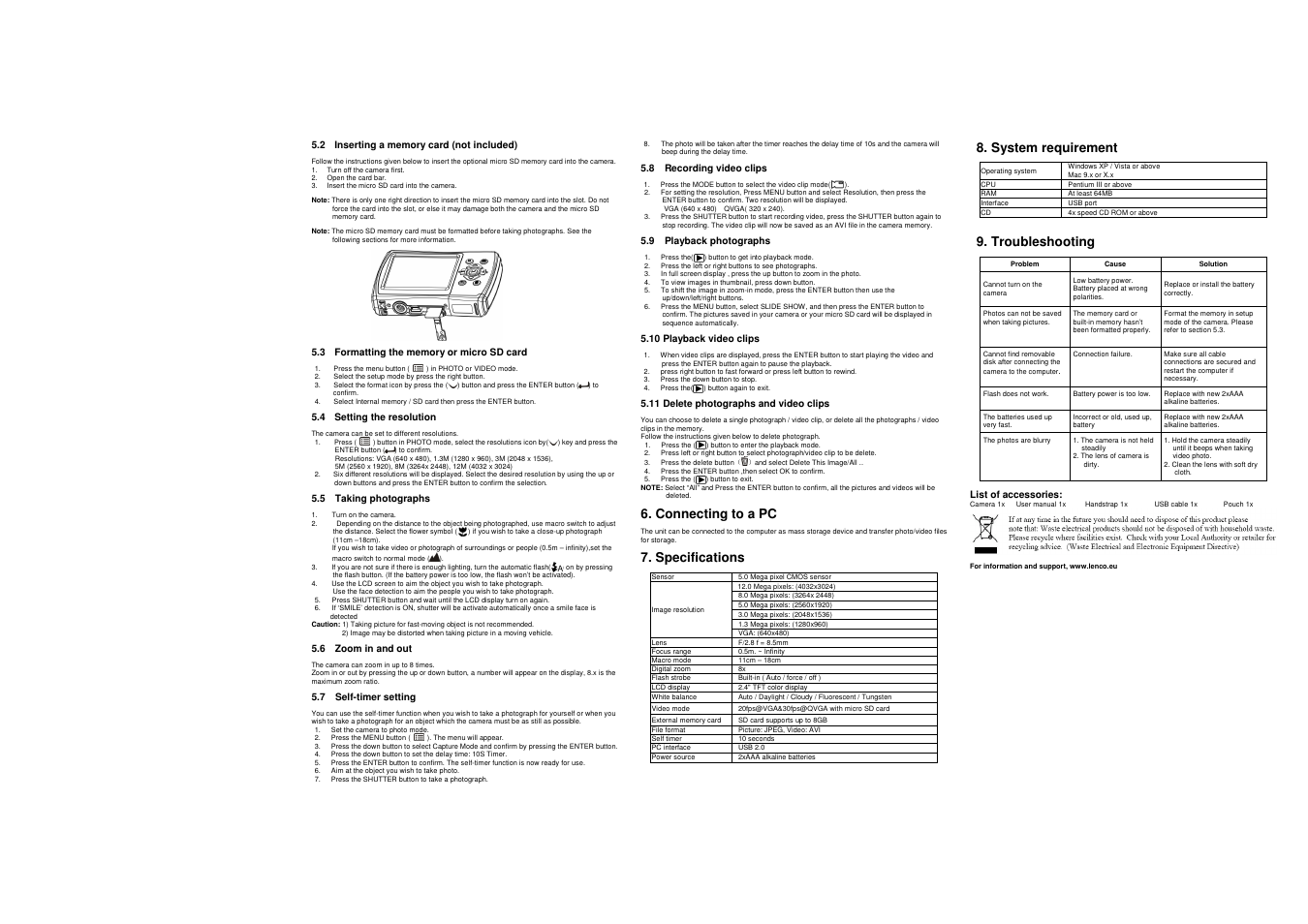 Connecting to a pc, Specifications, System requirement | Troubleshooting | Lenco DC-511 User Manual | Page 2 / 2