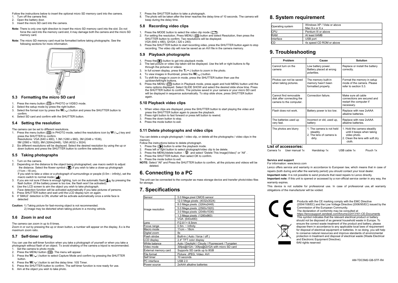 Connecting to a pc, Specifications, System requirement | Troubleshooting | Lenco DC-521 User Manual | Page 2 / 2