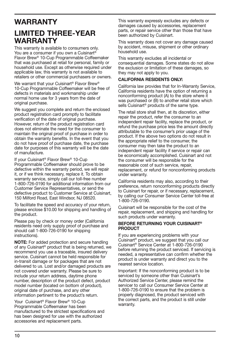 Warranty limited three-year warranty | Cuisinart FLAVORBREW DCC-755 User Manual | Page 10 / 12