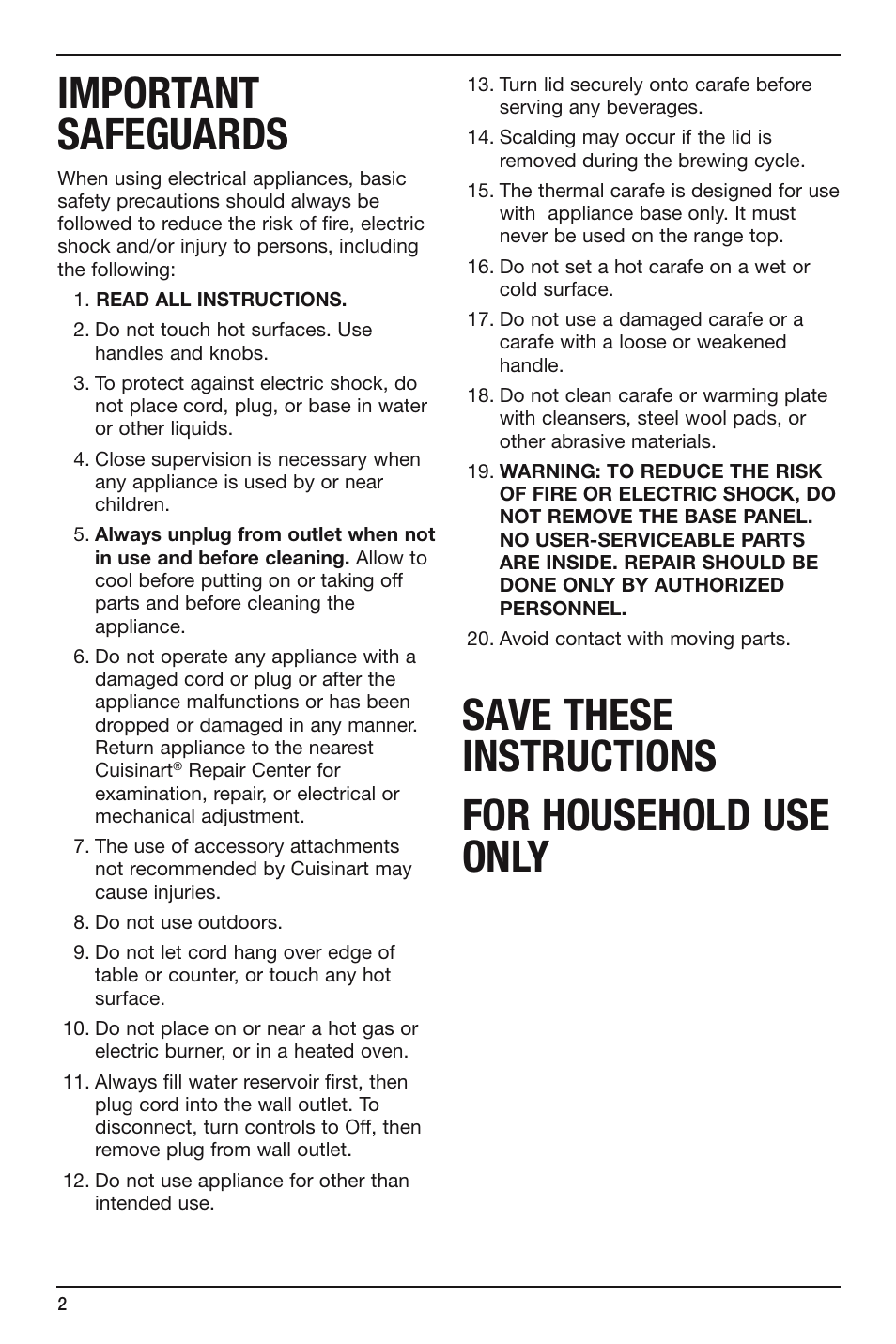 Important safeguards, Save these instructions for household use only | Cuisinart FLAVORBREW DCC-755 User Manual | Page 2 / 12
