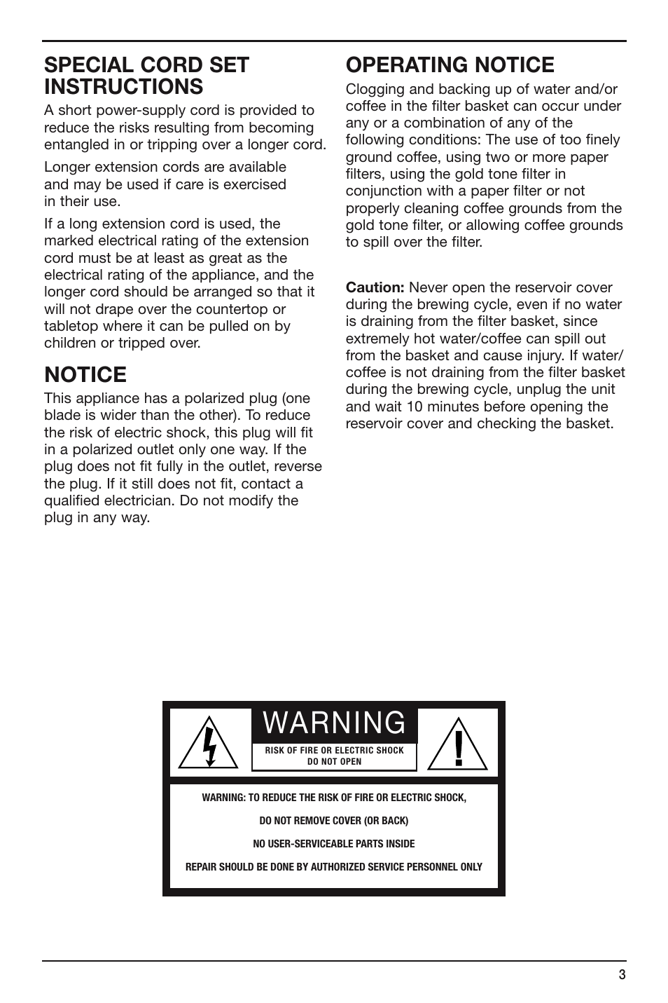 Warning, Special cord set instructions, Notice | Operating notice | Cuisinart FLAVORBREW DCC-755 User Manual | Page 3 / 12