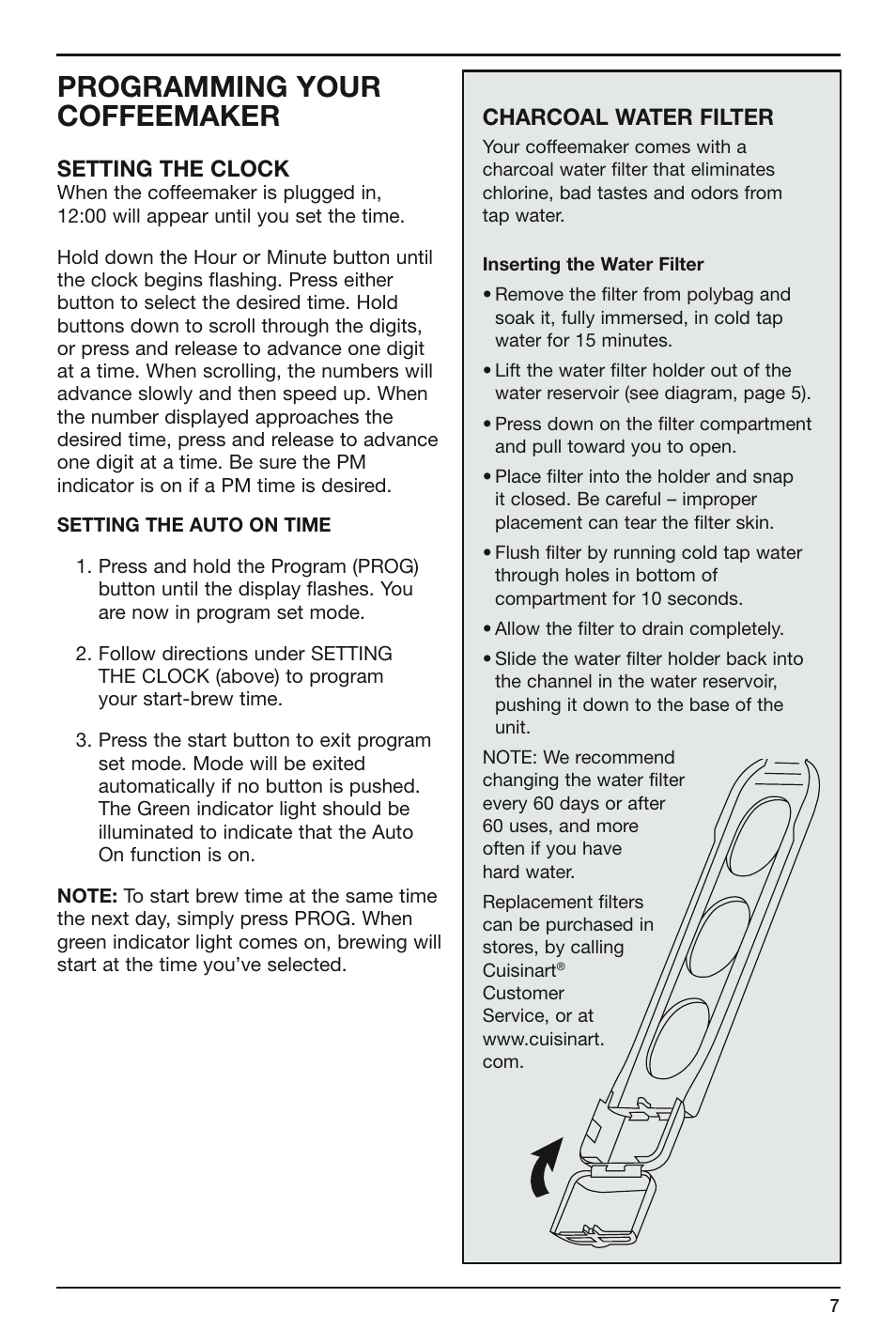 Programming your coffeemaker, Setting the clock, Charcoal water filter | Cuisinart FLAVORBREW DCC-755 User Manual | Page 7 / 12
