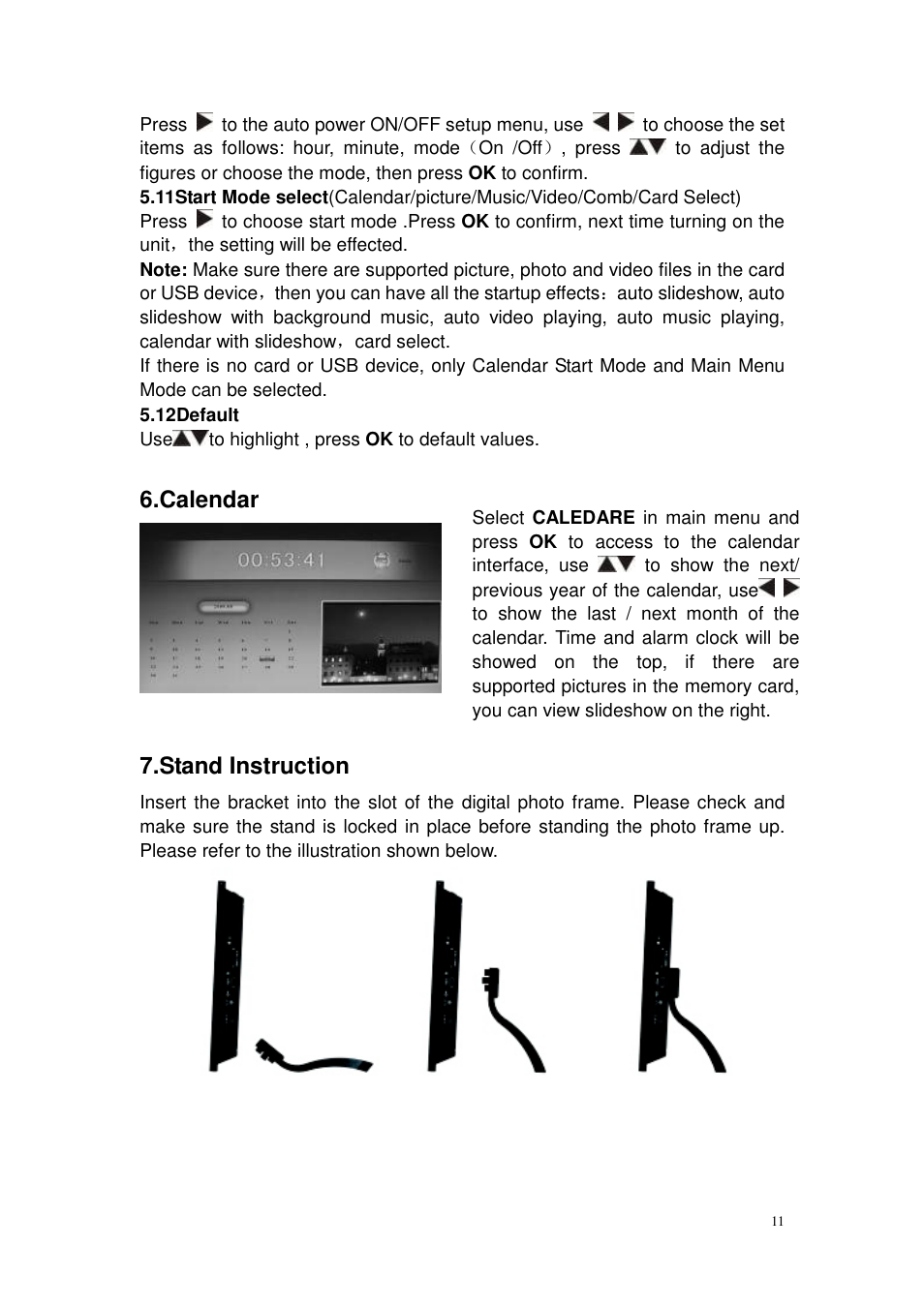 Calendar, Stand instruction | Lenco DF-1200 User Manual | Page 11 / 13