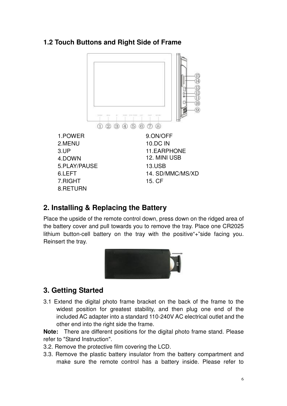 Installing & replacing the battery, Getting started | Lenco DF-1200 User Manual | Page 6 / 13