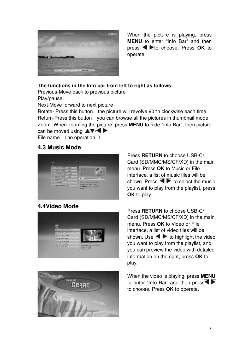 3 music mode, 4video mode | Lenco DF-1200 User Manual | Page 8 / 13