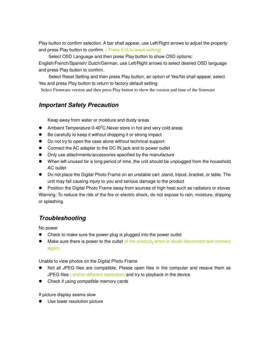 Important safety precaution, Troubleshooting | Lenco DF-704 User Manual | Page 5 / 6